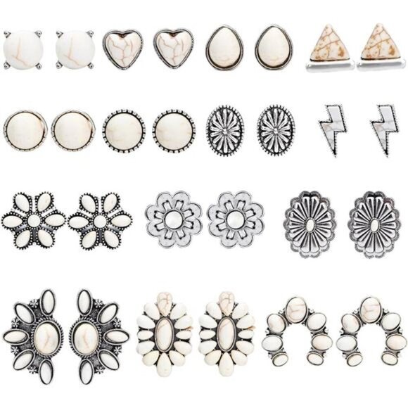 Boho White Stud Earring Set – 14 Pairs of Vintage Western-Inspired Earrings - Picture 1 of 7